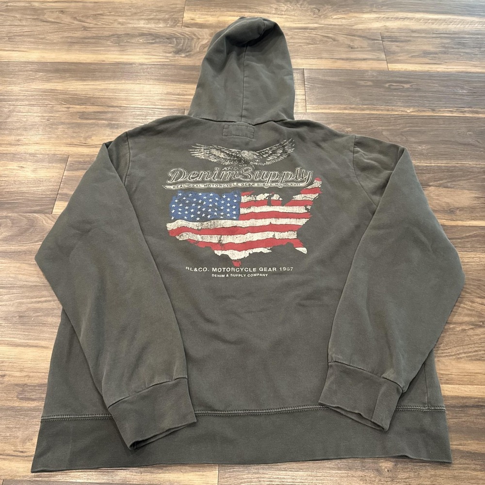 Denim & Supply Ralph Lauren Hoodie Mens 2XL Gray Motorcycle USA Flag Graphic